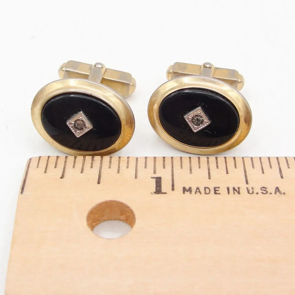 Vintage Anson Gold Tone Black Onyx Diamond Accent Cufflink Oval Retro MCM